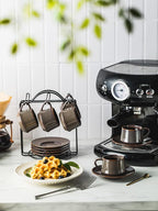 YHOSSEUN Espresso Cups 4 Oz, Porcelain Coffee Cups Set of 6 Espresso Cup with Saucers, Meatal Stand, and Stir Spoons, Brown Expresso Shots Cup