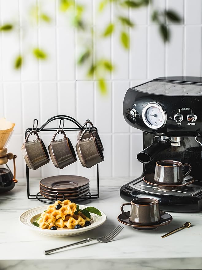 YHOSSEUN Espresso Cups 4 Oz, Porcelain Coffee Cups Set of 6 Espresso Cup with Saucers, Meatal Stand, and Stir Spoons, Brown Expresso Shots Cup