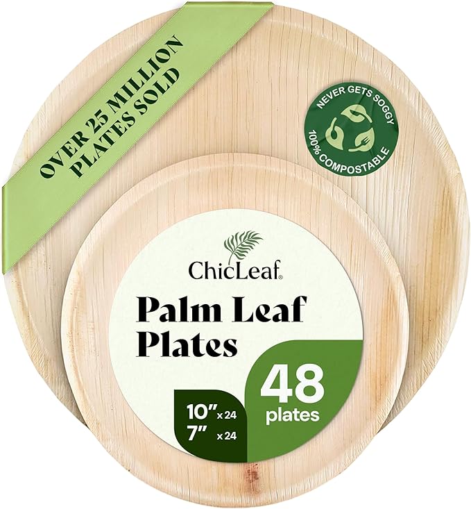 Chic Leaf Round Palm Leaf Plates - 10-Inch & 7-Inch, Pack of 48 - Compostable Disposable Bamboo Plates for Parties