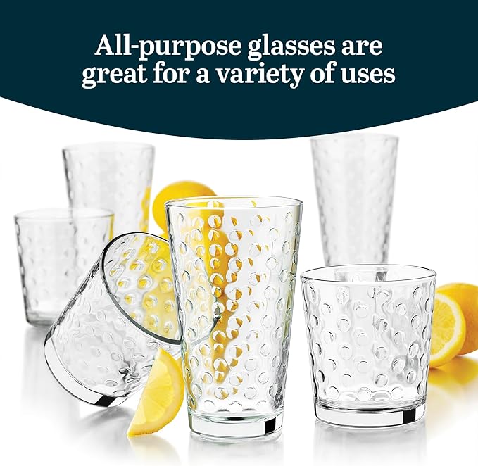 Libbey Awa Tumbler and Rock Glasses Drinking Set, Elegant Polka Dot Drinking Glasses Set of 16, All Purpose Glass Cups Set for Events and Everyday Use