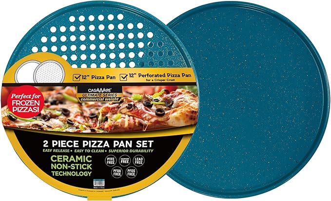 casaWare 2pc 12-inch Ultimate Pizza Pan Set, Nonstick, Ceramic Coated, (1) Solid, (1) Perforated (Blue Granite)