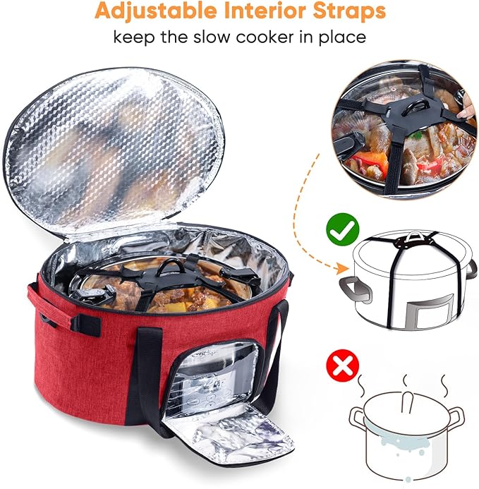 Double-Layer Slow Cooker Carrying Bag for 6-8 Quart CrockPot and Hamlton Beach Slow Cooker, Travel Bag with Lid Fastener for Crock-pot, Portable Carrier Case Slow Cooker Bag with See-thought Window