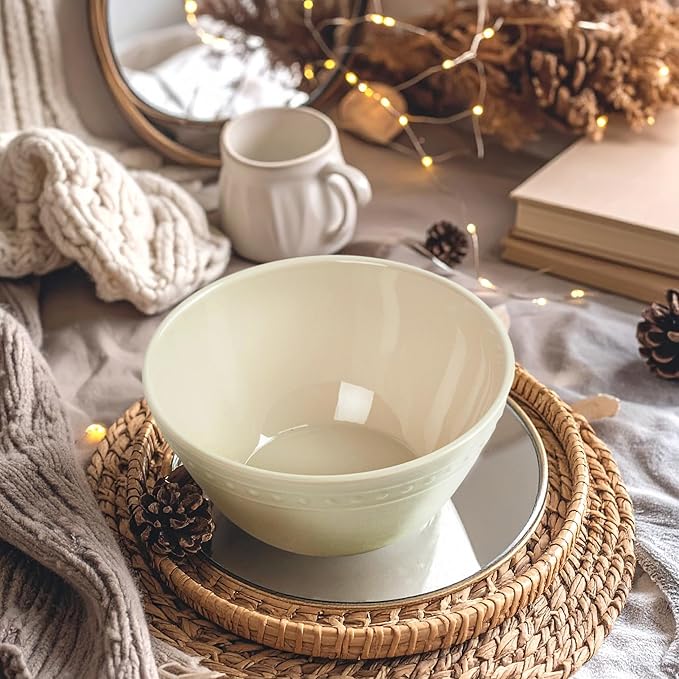 Melamine Beaded Cereal Bowls Set Cream, 6 inch, 24oz All purpose/Soup/Salad Bowls Set of 6, Unbreakable Durable, Dishwasher Safe, BPA Free - Perfect for Soups, Salads, Cereal & Entertaining
