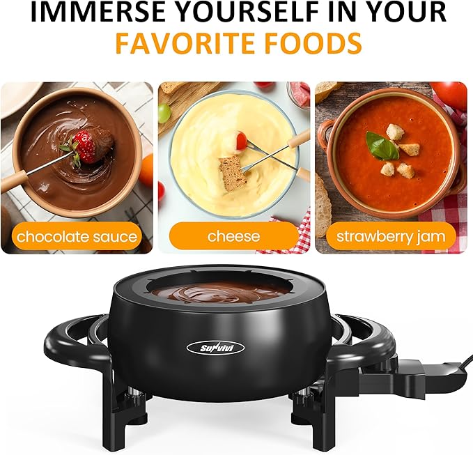 Sunvivi Electric Fondue Pot Set for Melting Chocolate Cheese, 3 Quart Fondue Set with Adjustable Temperature Control and 8 Color-Coded Forks, 1000W Non-Stick Fondue Maker for Dessert, Oil and Broth