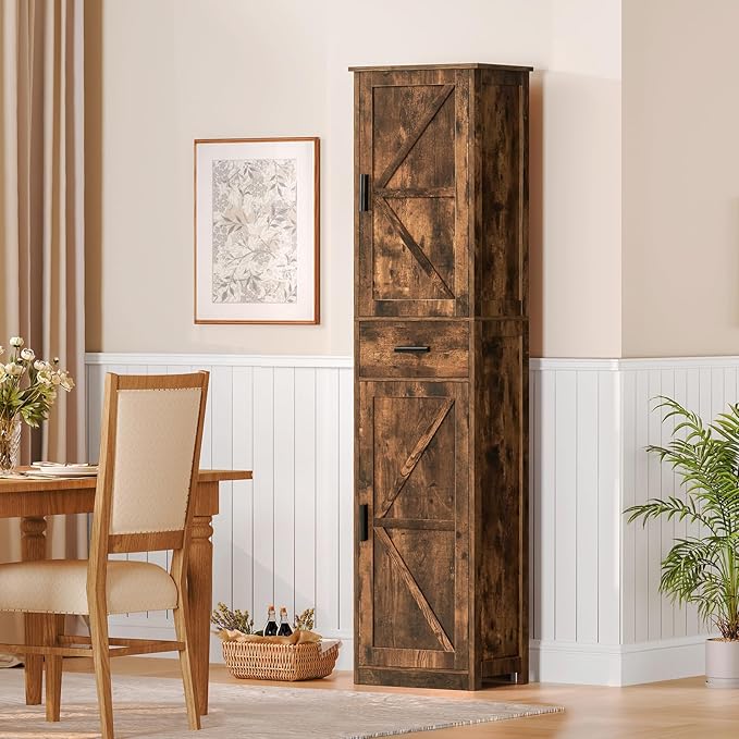 WEENFON Tall Storage Cabinet, Bathroom Cabinet with 6 Shelves & Drawer, Narrow Storage Cabinet with Adjustable Shelves, Tall Cabinet for Living Room, Home Office, Rustic Brown