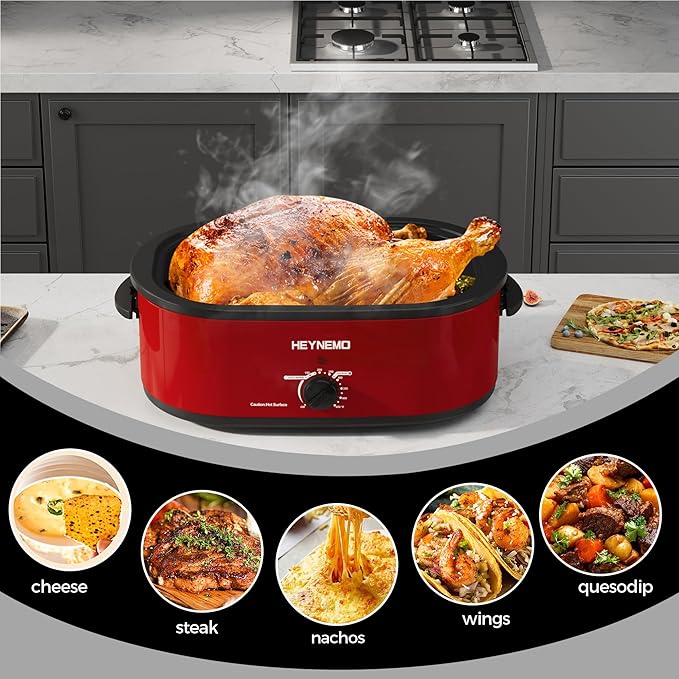 26QT Electric Roaster Oven, Electric Turkey Roaster with Viewing & Self-basting Lid, Stainless Steel Turkey Roaster Oven, RED
