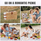 HappyPicnic Picnic Basket Set for 2 - Wicker Picnic Basket with Waterproof Blanket & Insulated Liner, Large Handmade Willow Hamper with Cutlery Kit for Outdoor, Picnic, Camping, Holidays (Flower)