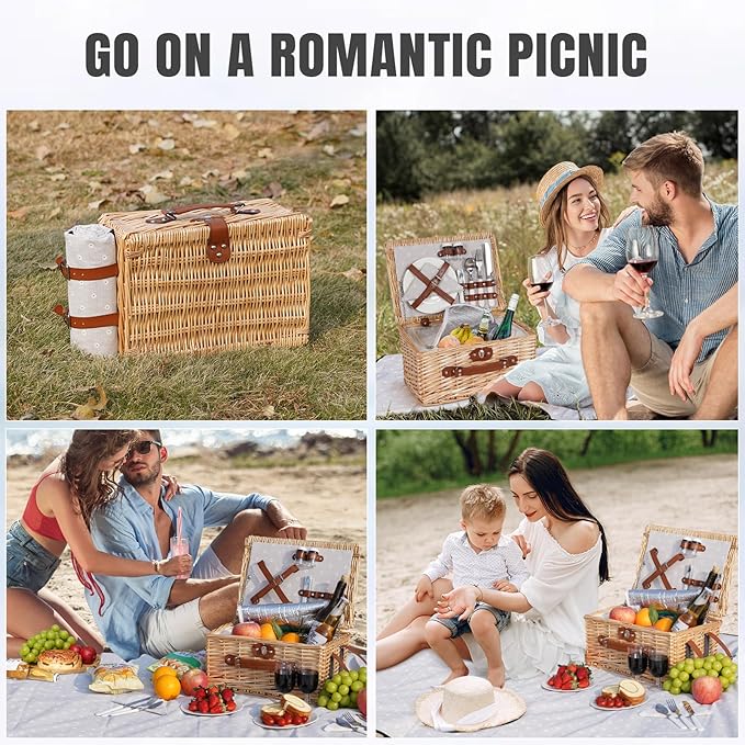 HappyPicnic Picnic Basket Set for 2 - Wicker Picnic Basket with Waterproof Blanket & Insulated Liner, Large Handmade Willow Hamper with Cutlery Kit for Outdoor, Picnic, Camping, Holidays (Flower)