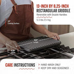 Victoria Rectangular Cast Iron Griddle. Double Burner Griddle, Reversible Griddle Grill, 13 x 8.5 Inch, Seasoned with 100% Kosher Certified Non-GMO Flaxseed Oil, Model: GDL-189