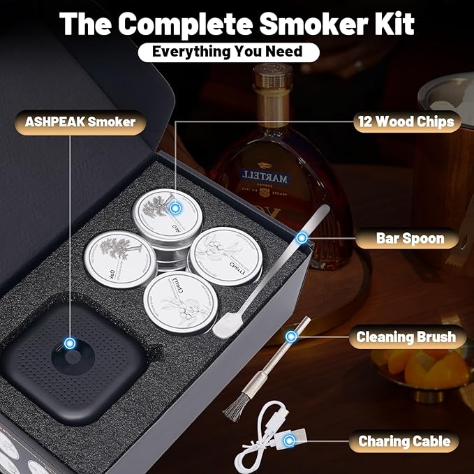 Electric Whiskey Smoker Kit - 12pcs Wood Chips, Cocktail Smoker Kit – Bourbon, Drink Smoker for Old Fashioned Smoker Gift for Men, Birthday, Anniversary, Husband, Boyfriend, Whisky Accessories