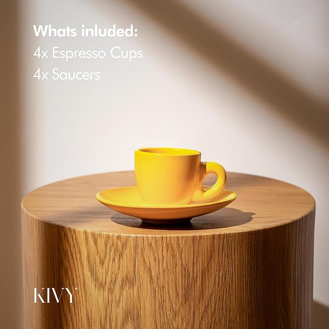 KIVY Espresso Cups Set of 4 [Set 4x 3oz]- Espresso Set Thick Walled Stoneware Espresso Cup Set - Italian Style Espresso Cups and Saucers - Espresso Mugs - Demitasse Cups and Saucers Sets - Yellow
