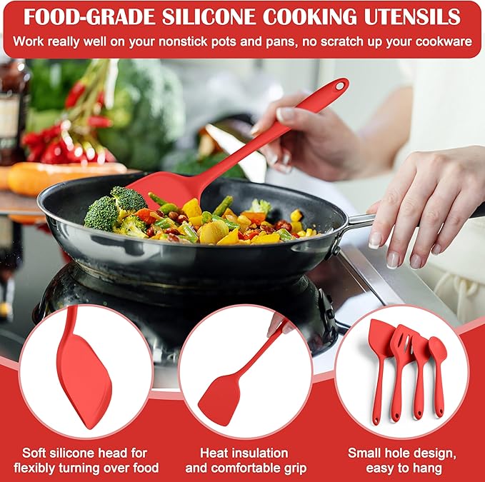 HaWare Kitchen Utensils, 14 PCS Silicone Cooking Utensils Set, Heat Resistant Kitchen Utensils for Non-stick Cookware, Kitchen Gadgets Tools with Spoons, Spatulas, Whisk, Dishwasher Safe (Red)