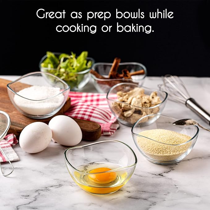 Volarium CRYSTALIA Small Glass Bowls for Kitchen Prep, Modern Round Serving Dishes for Dessert, Salad, Fruit, Pudding, Candy, Cereal, Ice Cream, Stackable Bowls Set of 6 (Medium 7 1/4 oz)