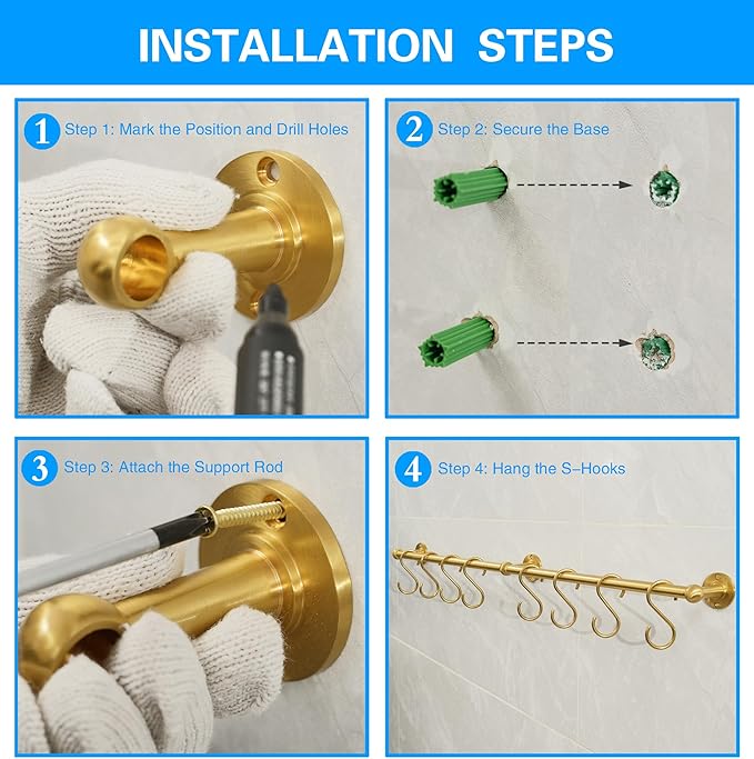 31.0 Inch Brass Pot Rack with Hooks,Wall Kitchen Mounted Organizer,Segmented RailHanging Rack for Kitchen Wall Rail with Hooks