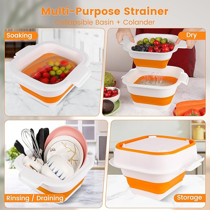 Collapsible Colander Set with Strainer Bowl, 2 in 1 Fruit Washing Basket with Strainer, 5 + 3 QT Plastic Colander for Kitchen, Foldable Double Layered Colanders Bowl for Berry, Vegetable, Orange