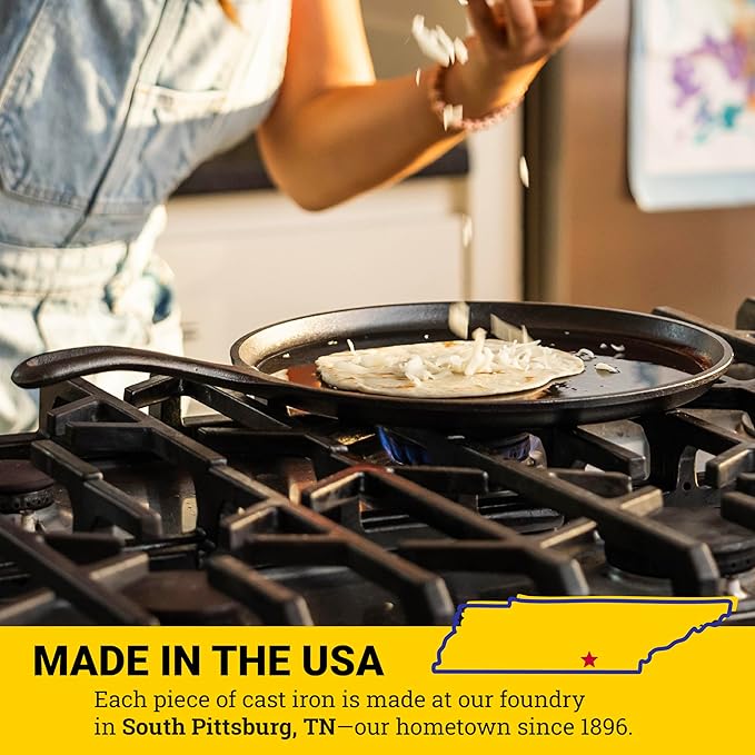 Lodge L9OG3 Cast Iron Round Griddle, Pre-Seasoned, 10.5-inch - Made in USA, Compatible with Stovetop, Oven, Grill & Campfire