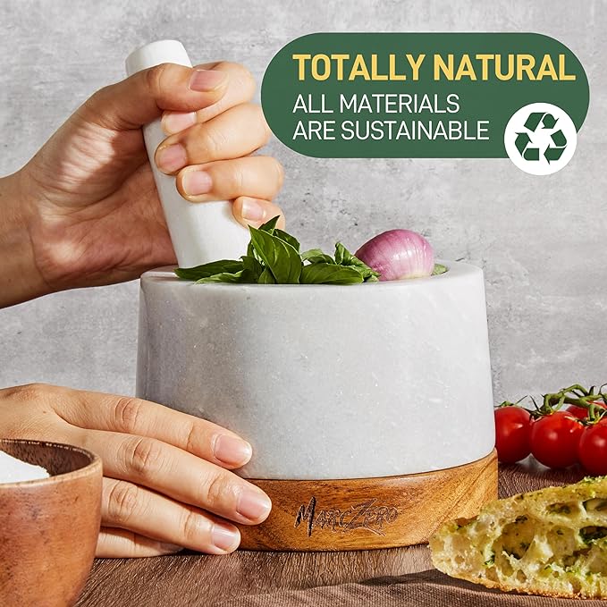 MarcZero 6inch Large Mortar and Pestle Set with Anti-Scratch Wooden Base, Heavy Duty Mortar and Pestle Made of Natural Marble(White)