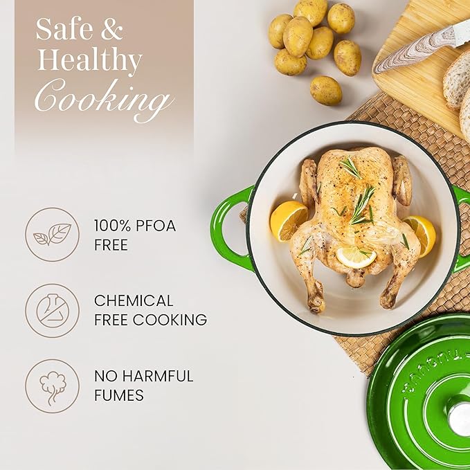 Nuovva Enamelled Cast Iron Dutch Oven Pot with Lid – 6.4 Quart Non Stick Casserole Pot – Heavy Duty & Oven Safe up to 500° F for Bread Baking, Braising, Stews, Roasting – 28cm Green