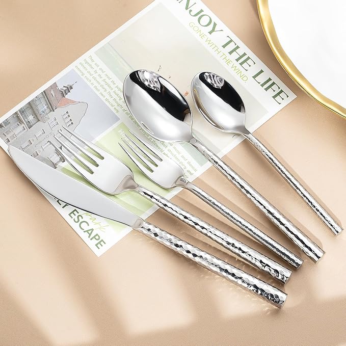 Hammered Silverware Set,Zerophilo Flatware Set 20 Pieces 18/10 Stainless Steel Cutlery Set for 4 Mirror Polished,Dishwasher Safe