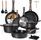 Ceramic Cookware Set 22 Piece Nonstick Pots and Pans Set Non Stick Kitchen Cooking Sets 8"Frying Pans with Lid,Black Granite Non-Toxic Induction Kitchen Cookware w/Glass Lids PFOS/PFOA-Free