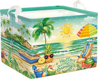 Summer Tropical Beach Storage Basket Collapsible Clothes Kid Laundry Hamper Palm Tree Large Picnic Basket Boy Girl Book Toy Box Bin, Green, 36L