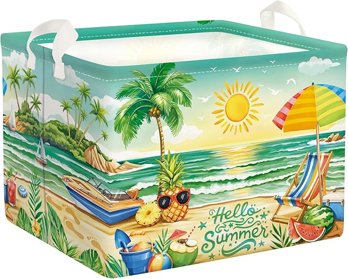Summer Tropical Beach Storage Basket Collapsible Clothes Kid Laundry Hamper Palm Tree Large Picnic Basket Boy Girl Book Toy Box Bin, Green, 36L