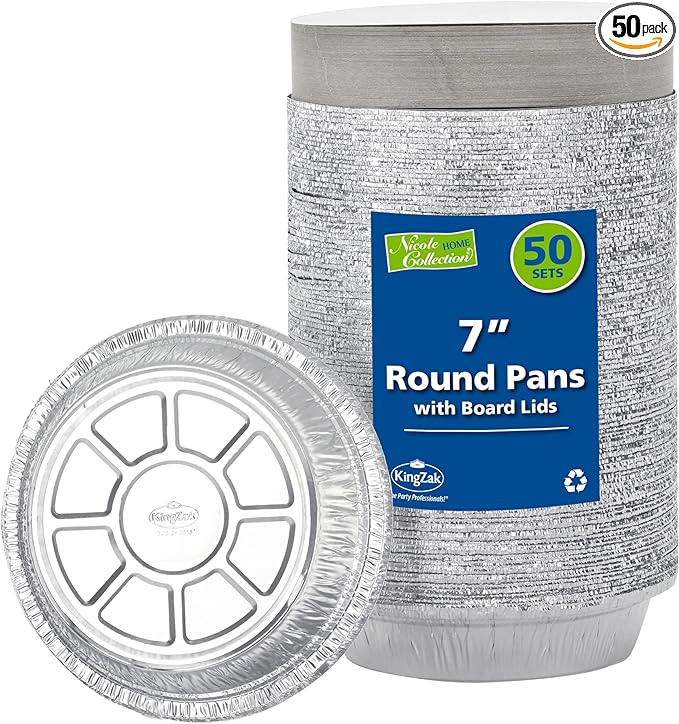 Nicole Home Collection Aluminum Pans 7” Round Disposable Foil Pans With Lids (50 Pack) – 7 Inch Round Disposable Takeout Pans With Board Lids (7" Inch Round)