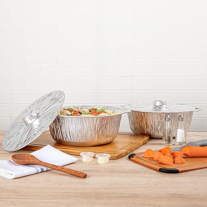 Foil Lux 5.6 Quart Pans And Lids, 100 Disposable Pots With Lids - Oven-Ready, Stove Compatible, Aluminum Foil Baking Pans, Freezable, For Outdoor Camping, Vacation, Picnic, And More - Restaurantware