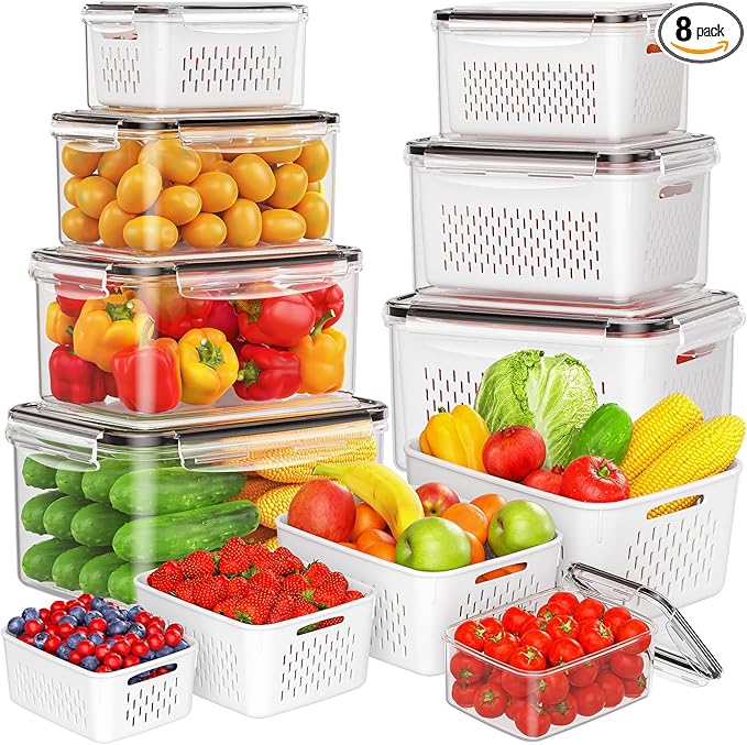 8-Pack Fruit Storage Containers for Fridge, Leakproof Fruit Containers for Fridge with Colanders, BPA-Free Produce Storage Containers with Lids Keep Fruits, Vegetables, Berry, Meat Fresh longer