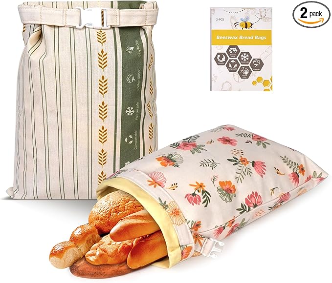 2 Pack Cotton Beeswax Bread Bags - Large Reusable Cotton Linen Food Storage Covers for Sourdough & Homemade Bread, Waxed Bags Keep Bread Fresh, Proofing Bag Freezer-Safe, Easy Clean