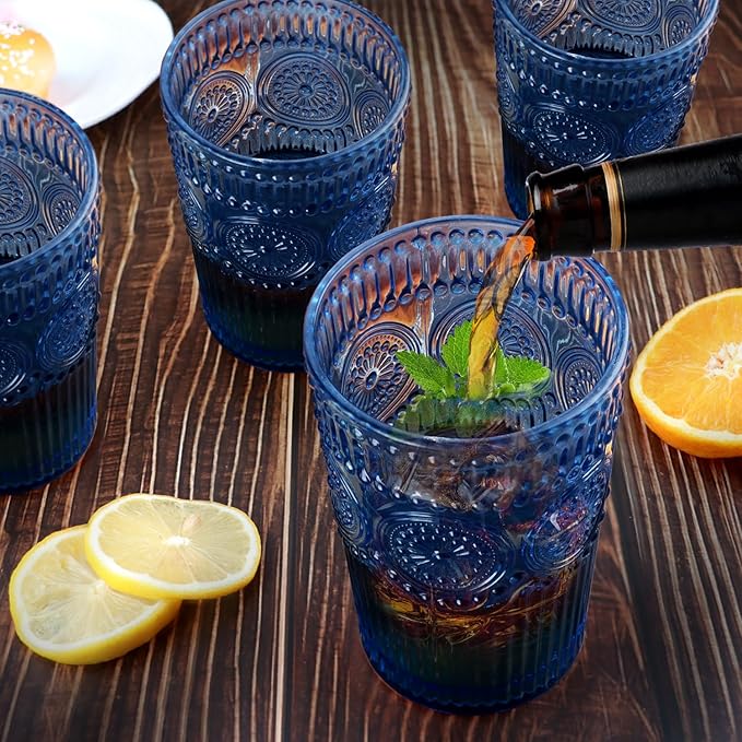 6pcs Vintage Drinking Glasses Set, 12 oz Blue Highball Glasses, Embossed Ribbed Glassware Cups for Cocktail, Water, Juice, Coffee, Whiskey