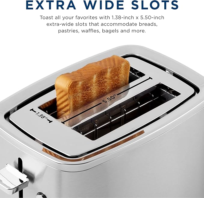 GE 2 Slice Stainless Steel Toaster, Extra Wide Slots for Toasting Bagels, Breads, Waffles & More, 7 Adjustable Shade Settings, Removable Crumb Tray, Countertop Kitchen Essentials, 850 Watts