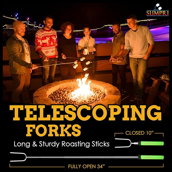 Smores Sticks For Fire Pit - Marshmallow Roasting Sticks For Campfire, Rotating Smore Sticks Set of 6 - Safe, Fun Telescoping Multicolored 34 Inch Hot Dog Sticks - SUMPRI Long Camping Skewers