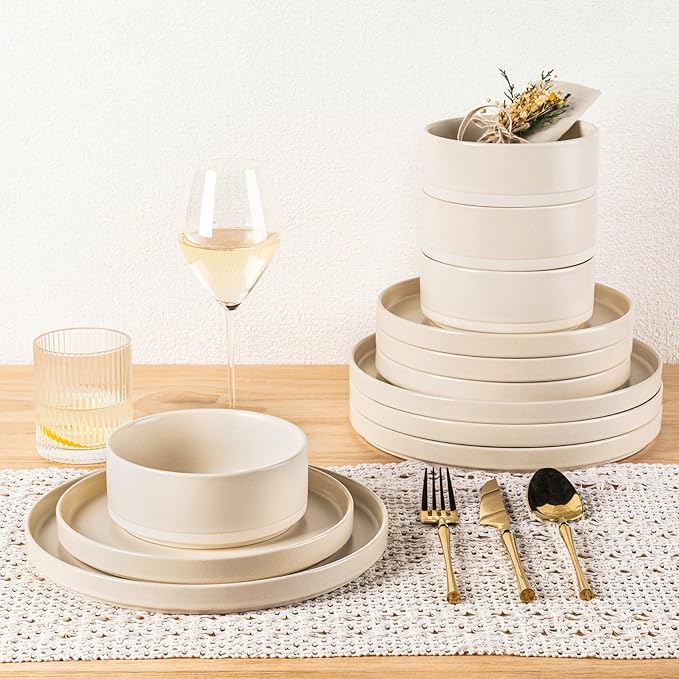 TheTerra Ceramic Dinnerware Sets for 6, 18 Pieces Handmade Reactive Glaze Plates and Bowls Set, Scratch Resistant Dish Set, Oven & Microwave & Dishwasher Safe, Matte White