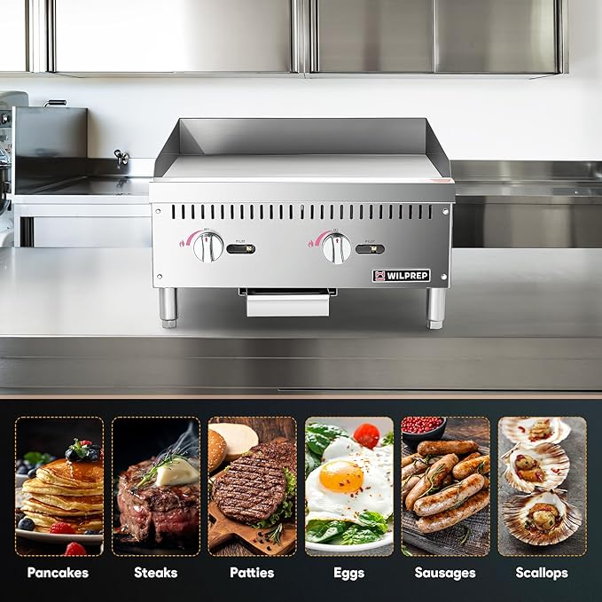 WILPREP Commercial Gas Griddle, 24 in. Gas Countertop Griddle with 2 30000 BTU U-Shaped Burners, NG LPG Compatible Flat Top Grill Hot Plate with Independent Knob Controls for Home Commercial Kitchen