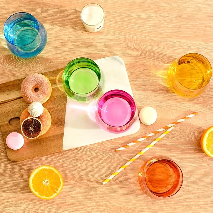 Stemless Wine Glasses Set of 6 - Hand Blown Colored Short Wine Tumblers - 15 oz Elegant Sparkling Wine Glass - Unique Gift for Birthday,Wedding, Mother’s Day