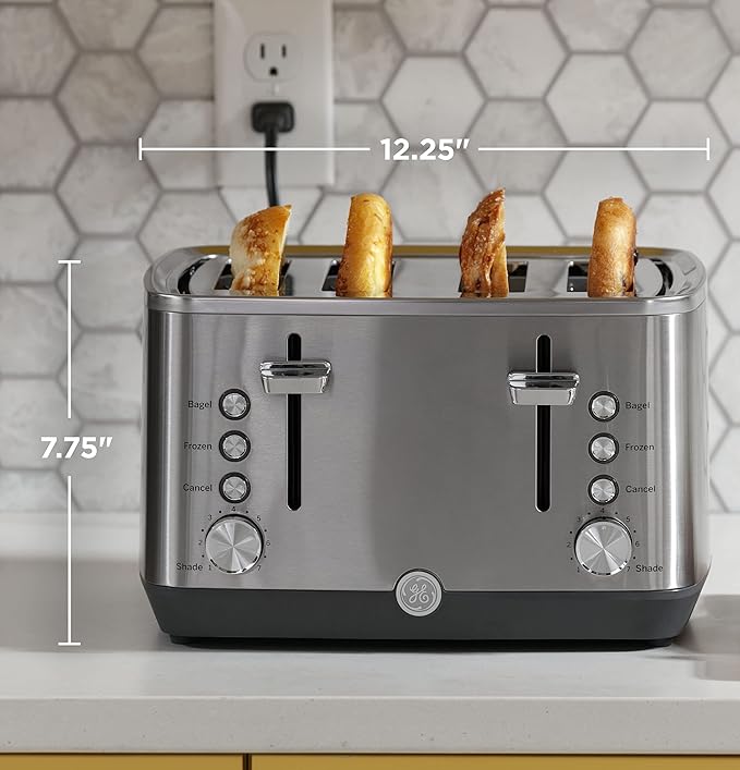 GE Stainless Steel 4 Slice Toaster | Extra Wide Slots for Bagels, Breads, Waffles & More | 7 Shade Options | Countertop Kitchen Essentials | 1500 watt