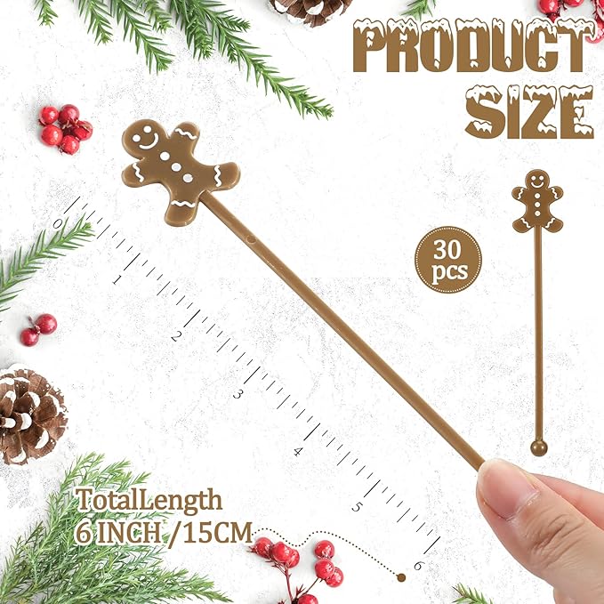 30 Pcs Christmas Drink Stirrers Xmas Stir Stick Holiday Coffee Swizzle Stick Reusable Plastic Hot Cocoa Bar Chocolate Decoration Cocktail Mixer(Gingerbread Man,Cute Color)