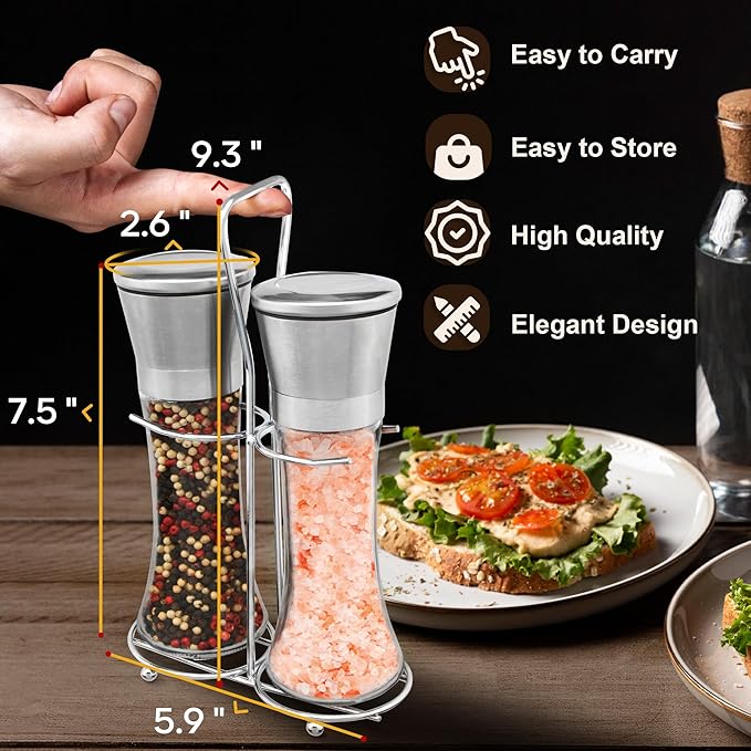 Salt and Pepper Grinder Set - Stainless Steel Refillable Salt & Peppercorn Shakers (2.6"W x 7.5"H - 2 Pack with Holder)