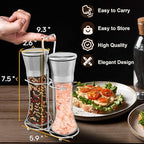 Salt and Pepper Grinder Set - Stainless Steel Refillable Salt & Peppercorn Shakers (2.6"W x 7.5"H - 2 Pack with Holder)
