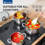 Daniks Modern 6-Piece Stainless Steel Cookware Set with Glass Lids, Tri-Ply Bases for Even Heating, Induction Compatible, Dishwasher Safe, Heatproof Handles