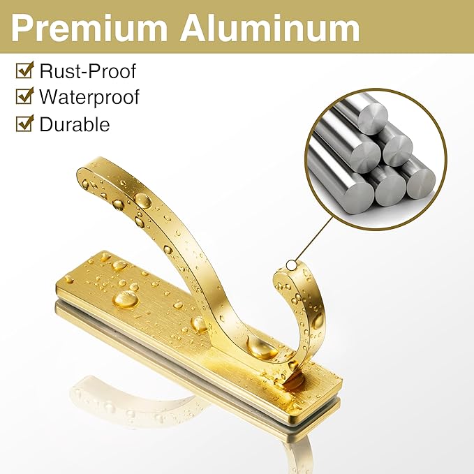 Adhesive Wall Hooks for Towels Coats - Stick On Hooks Hanging Heavy Duty (13lb), Metal Hook for Door, Bathroom, Dorm, Closet - Hanger for Purse, Bag, Robe,Backpack - No Damage to Wall - Gold 4 Pack