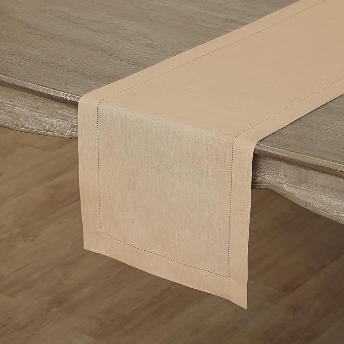 Solino Home Linen Beige Table Runner 120 Inches Long - 100% Pure Linen 14 x 120 Inch Table Runner for Summer, Fall, Autumn - Classic Hemstitch