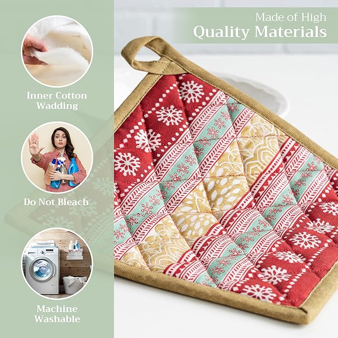 Maison d' Hermine Pot Holders Set 100% Cotton Heat Resistant Potholders 8" x 8" Hot Pads with Loop BBQ, Cooking, Baking, Grilling, Kitchen, Handling Hot Pans (Pack of 2, Sofia)