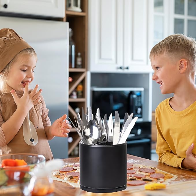 Kitchen Utensil Holder Silverware Organizer 360°Rotating For Counter Organizer Stainless Steel Storage Silverware Caddy 3 Compartment Flatware Spoon Spatula Tool Cutlery Container（Black）