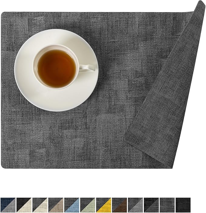 Romanstile Vinyl Placemats Set of 8-12 x 17 Inch - Heat Resistant Place Mats 100% Waterproof Oilproof Wipeable Reversible Faux Leather Table Mats for Kitchen/Dining/Party/Holiday, Dark Grey