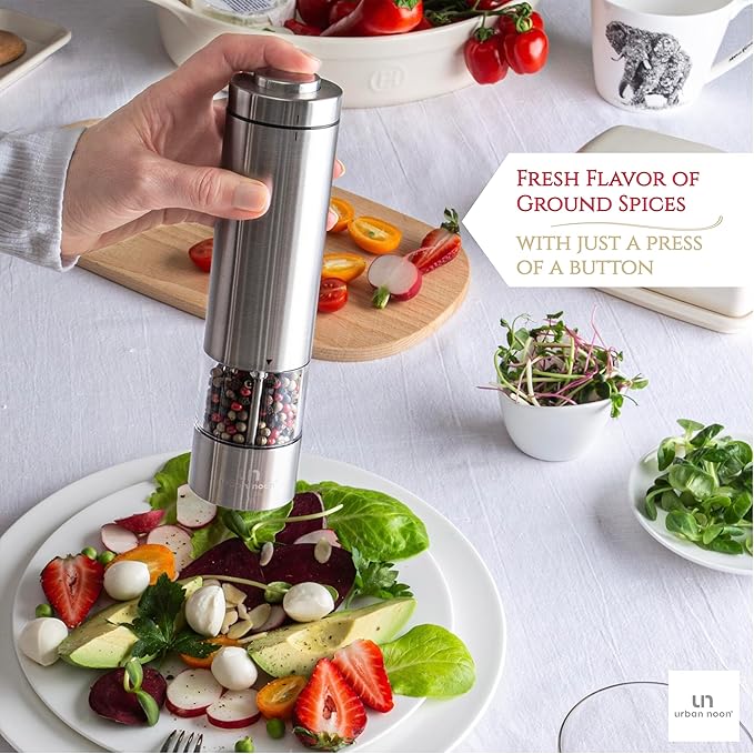 Electric Salt and Pepper Grinder Set - Battery Operated Stainless Steel Mill with Light (2 Black Mills) - Automatic One Handed Operation - Electronic Adjustable Shakers - Ceramic Grinders