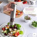 Electric Salt and Pepper Grinder Set - Battery Operated Stainless Steel Mill with Light (2 Black Mills) - Automatic One Handed Operation - Electronic Adjustable Shakers - Ceramic Grinders