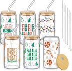 6 Pcs Christmas Glasses 16 oz Xmas Glass Cups with Lid and Straw Can Shaped Beer Tumbler Christmas Appreciation Gifts for Women Teenager Birthday Party Favor