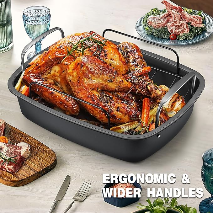Nonstick Turkey Roasting Pan with Rack - 17×13 Inch Extra Large Roaster Pan, Deep Turkey Tray for Oven, U-Shaped Rack, Wider Handles, Ideal for Ovens, Thanksgiving, and Christmas